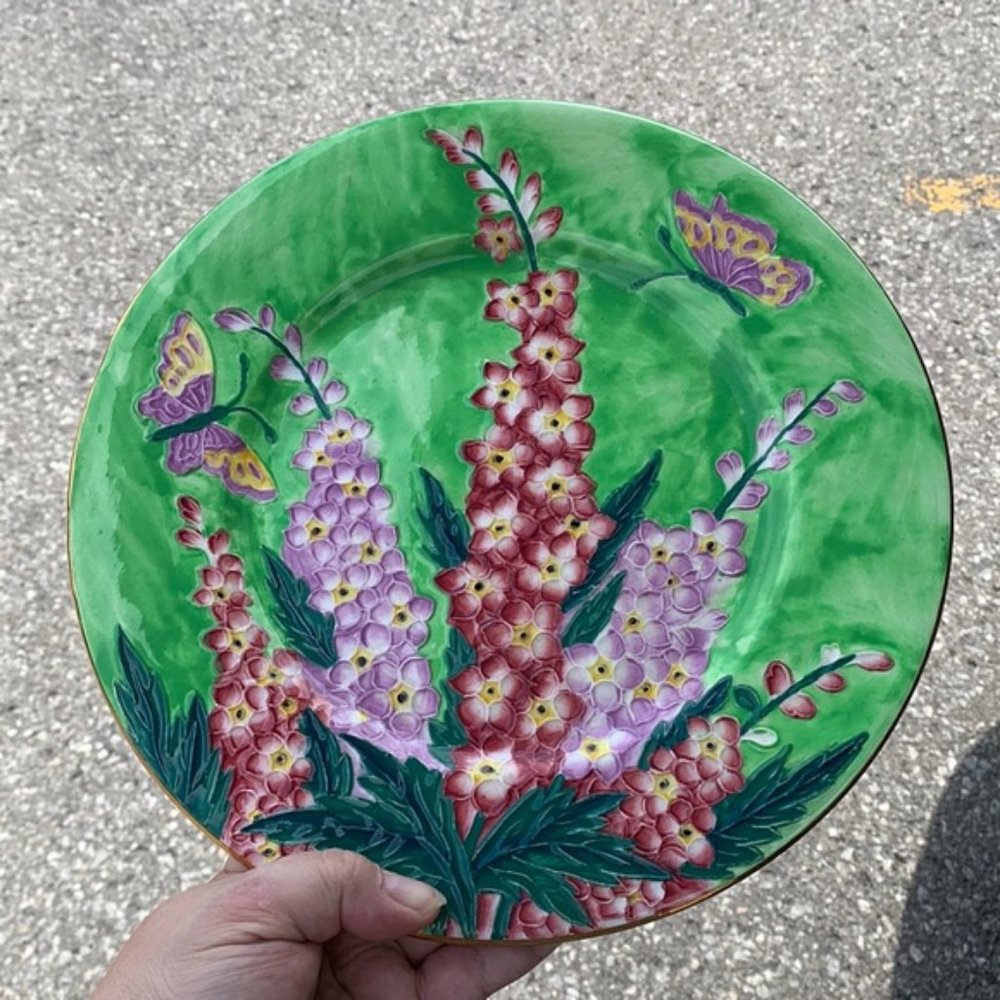 Majolica Maling Butterfly and Delphinium Flower Plate Circa 1930s